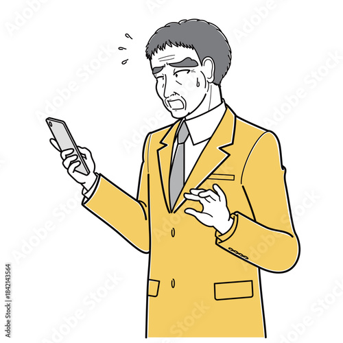 困った表情でスマートフォンを見ているスーツの中年男性・斜め左向き（シンプル・上半身）