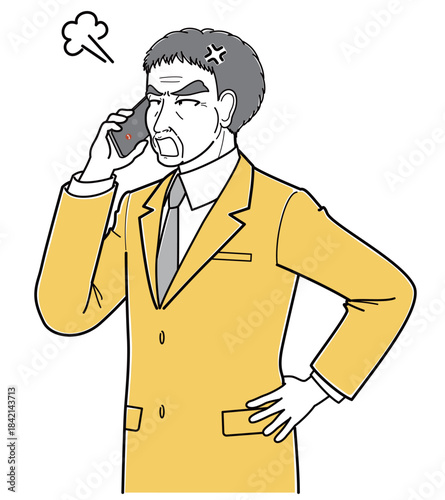 スマートフォンで電話しながら怒っているスーツの中年男性（シンプル・上半身）