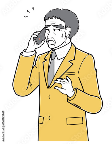 困った表情で電話しているスーツの中年男性（シンプル・上半身）