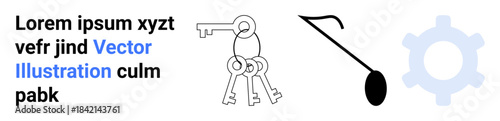Digital security, organization, mechanical processes, efficiency, design, problem-solving. Three distinct objects keys, fishing hook gear icon. Security and organization concept related to keys