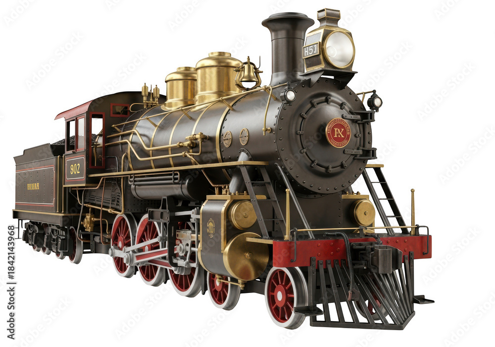 Naklejka premium Vintage steam locomotive train with gold accents and red details on transparent background, classic transportation model.