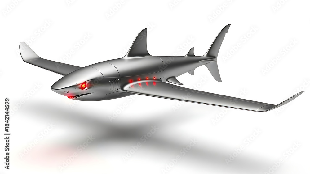 Fototapeta premium Futuristic flying robotic shark with red eyes