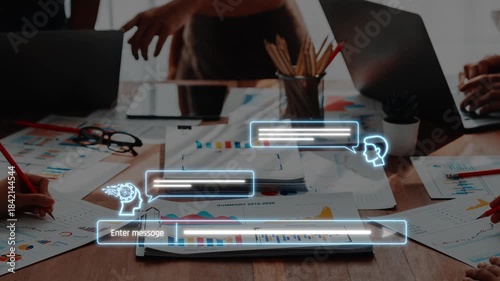 Engaging image of collaborative digital communication in a business environment showcasing charts and graphs on a workspace, emphasizing teamwork and productivity. Raster