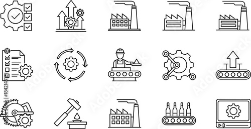 Industrial Manufacturing and Factory Process Icons – Isolated on Transparent Background Production Workflow Vector Set