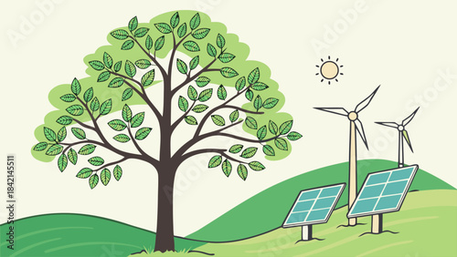 Renewable Energy Ecology Concept with Tree — Green Power, Eco Innovation, Sustainable Future Vector Illustration