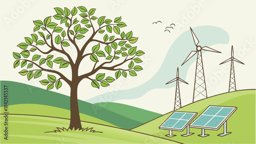 Renewable Energy Ecology Concept with Tree — Green Power, Eco Innovation, Sustainable Future Vector Illustration