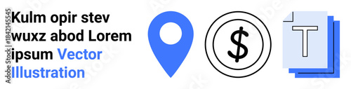 Navigation tools, business finance, document management, online services, location tracking, data organization. Blue map pin, dollar sign stacked documents. Navigation tools and business finance
