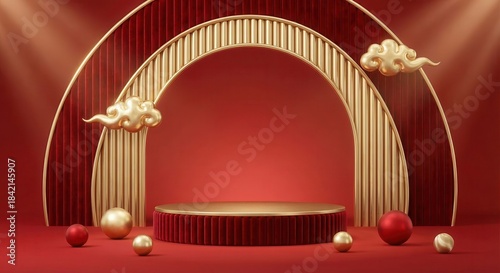 Elegant Golden Arch Podium Stage on Vibrant Red Background with Clouds.