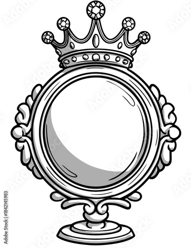 Vintage ornate mirror with crown, black and white engraving style, for beauty, royalty, or fairytale themed graphic design projects. isolated on transparent background