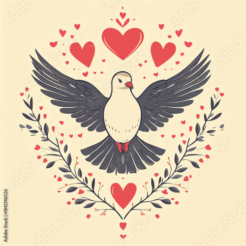 A dove of peace with olive branches, surrounded by hands and hearts. , vector style simple color