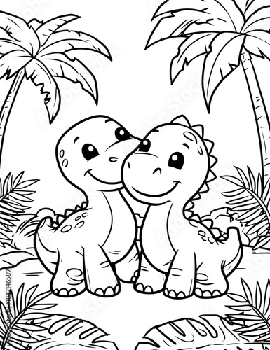 Cute cartoon dinosaurs embracing amongst tropical palm leaves, black and white line art for children’s books, coloring pages, and nursery decor. isolated on transparent background