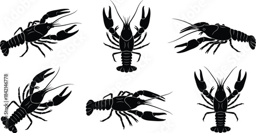 Lobster silhouette icon set, marine animal vector, seafood clipart, crustacean illustration, black lobster shapes, top view, side viewLobster silhouette icon set, marine animal vector, seafood clipart