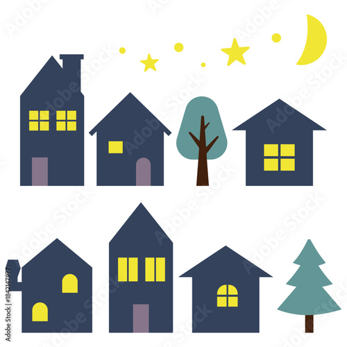 シルエットの建物がならぶ、夜の街並みのイラスト