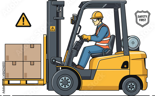 Forklift operator lifting boxes with pallet in warehouse, wearing safety gear, helmet, gloves, vest, industrial logistics and workplace safety illustration