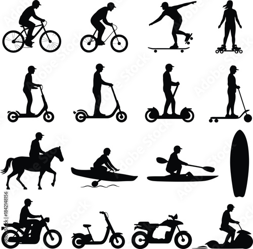 Diverse sports and transportation silhouettes collection