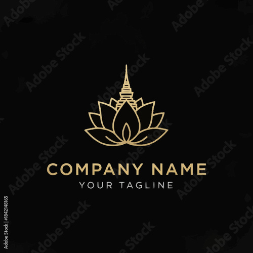 Elegant golden lotus flower and pagoda logo design on a dark background, representing a company's brand identity with a tagline.