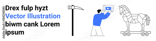 Man examining digital content next to pickaxe and geometric Trojan horse on wheels. Ideal for technology, cybersecurity, analysis, strategy, data mining, education, simple landing page