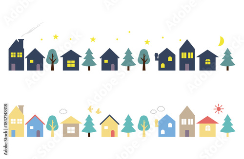 昼と夜の街並みの北欧デザイン風イラスト