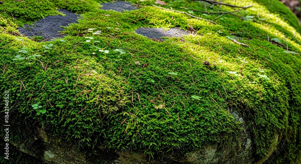 Naklejka premium Close up of Vibrant Moss Growing on a Rock in a Lush Green Garden Sunlight Highlights