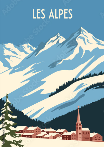 Alps Travel Retro Poster with Vintage Mountain Village Winter Landscape Illustration