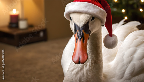 Fototapeta Naklejka Na Ścianę i Meble -  a swan wearing a santa hat