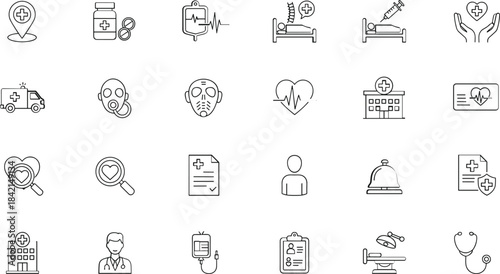 Medical and healthcare icon set featuring hospital tools, patient care symbols, emergency services, and wellness elements for digital and print use