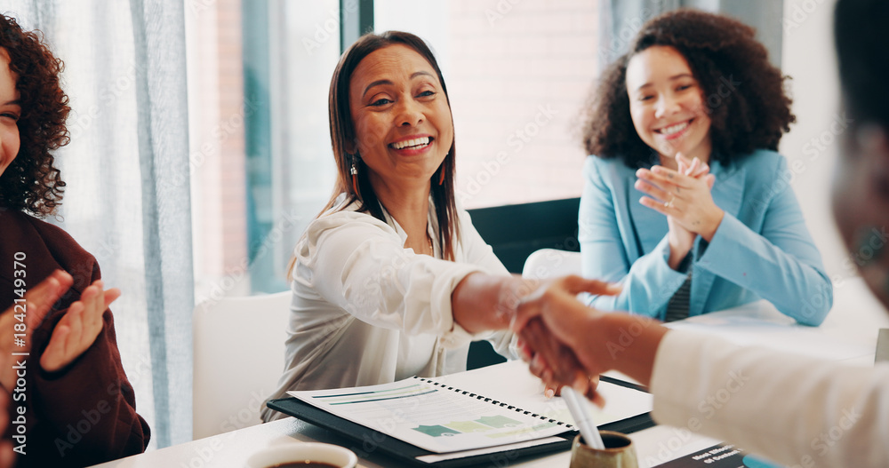 Fototapeta premium Woman, handshake and applause at meeting, startup and congratulations for deal at media company. Person, excited and shaking hands for success, celebration or goal with achievement at creative agency