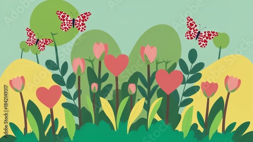 Animated flowers blooming in a colorful garden scene with lush green leaves and vibrant pink petals