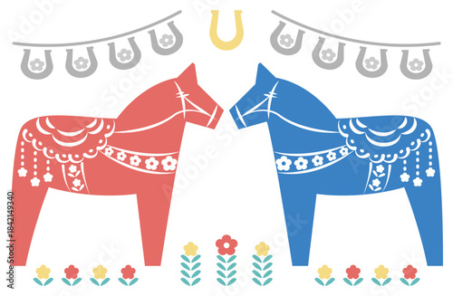 赤と青のダーラナホースのイラストと馬蹄のガーランド