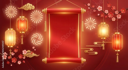 Festive Chinese New Year Scroll with Lanterns and Cherry Blossoms.