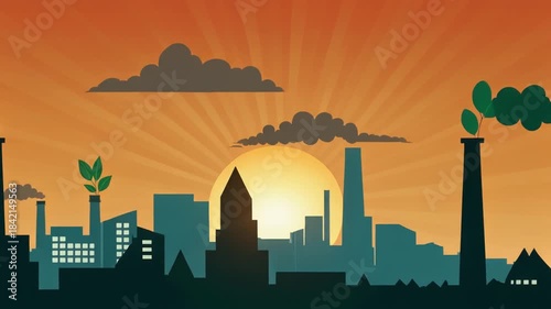 illustration of industrial cityscape with smokestacks and pollution during sunset