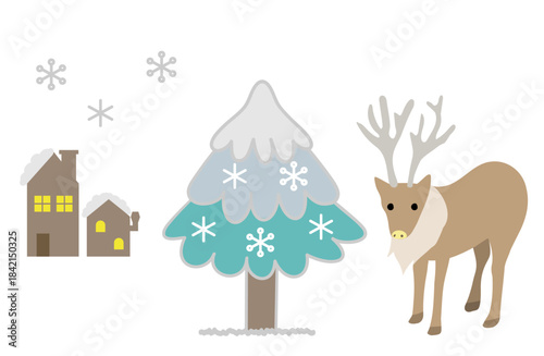 雪が積もった家と木のそばにいるトナカイのイラスト