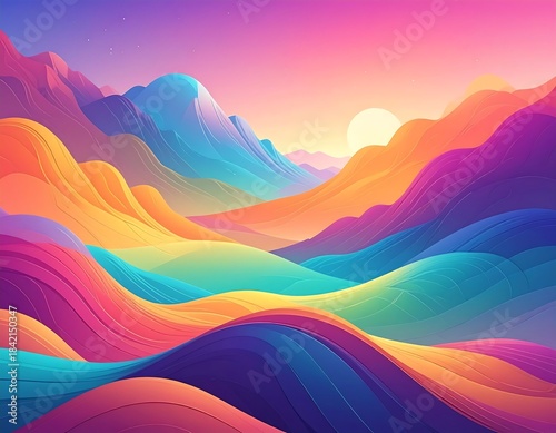 Colorful, stylized mountain scene with layered, flowing shapes under a vibrant sunset