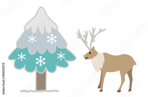 雪が積もった木とトナカイのイラスト