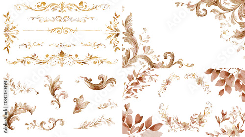 Elegant watercolor ornament collection with gold floral scrolls leaves and decorative borders ideal for luxury invitations stationery certificates and refined branding design.