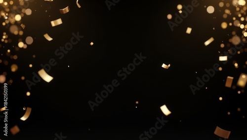 Sparkling gold confetti raining in air on dark backdrop ideal for premium event marketing New Year celebrations and festive artwork