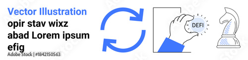Decentralized finance, cryptocurrency trading, blockchain ecosystem, fintech strategy, digital assets, investment planning. Circular arrows, DEFI coin in hand chess knight. Cryptocurrency