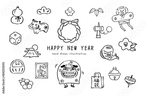 お正月イラストセット 手描きの縁起物と和風モチーフコレクション