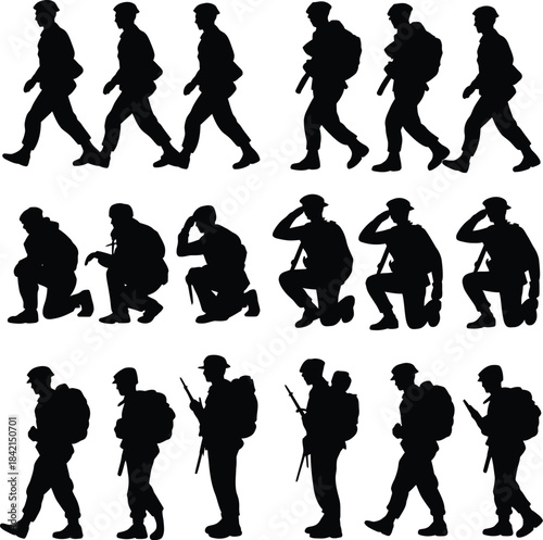 Military soldier silhouettes poses set