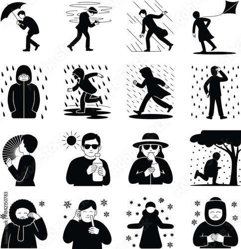 Weather conditions and human reactions icons set