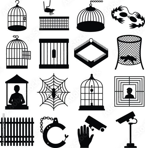 Black and white icons of security, traps, and confinement