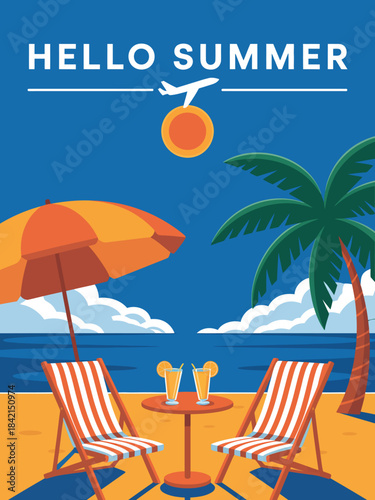 Hello Summer Travel Poster with Beach Sea Palm Trees and Holiday Elements Vector