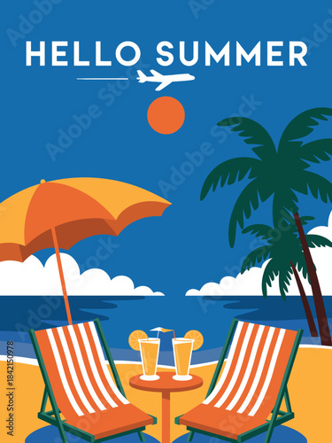 Hello Summer Travel Poster, Sunny Beach Scene Vector Flat Illustration