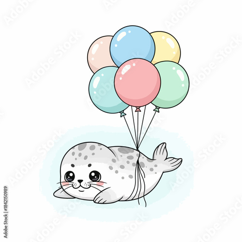 Seal floating with colorful balloons in the air smiling