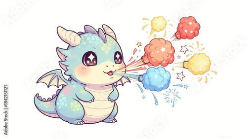 Kawaii Baby Dragon Breathing Colorful Fireworks