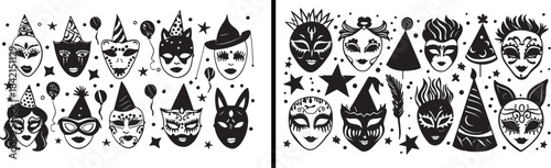 Carnival Mask Vector Pattern, Abstract Face Illustration, Festival Mask Design, Mardi Gras Art Pattern, Seamless Face Texture, Decorative Mask Icons, Party Costume Pattern, Creative Face Vector, Festi