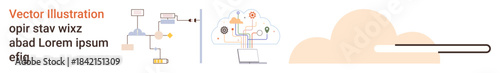 Cloud computing, data management, cybersecurity, digital networks, technology solutions, remote access. Abstract technology diagram showing cloud storage and process flow. Cloud computing and data