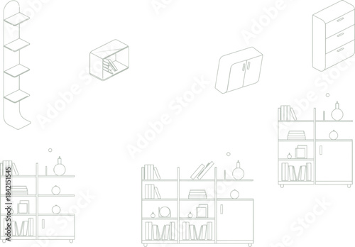 Various furniture pieces for home and office, including shelves and bookcases