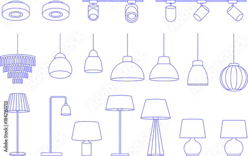 Various types of lamps and lighting fixtures in blue line art style