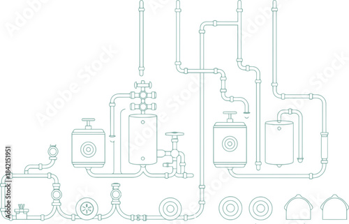 Industrial pipeline system with valves and tanks, technical illustration CAD Architectural Drawings